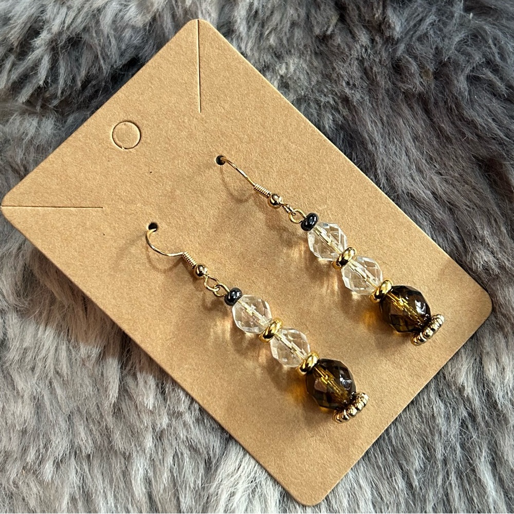 Handcrafted vintage bead brown topaz faceted glass dangle earrings
